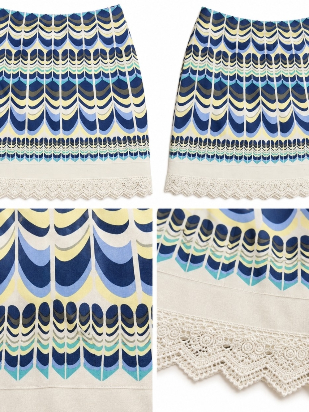 Ann Taylor Blue, Navy and Cream Geometric Mini Skirt with Lace Trim